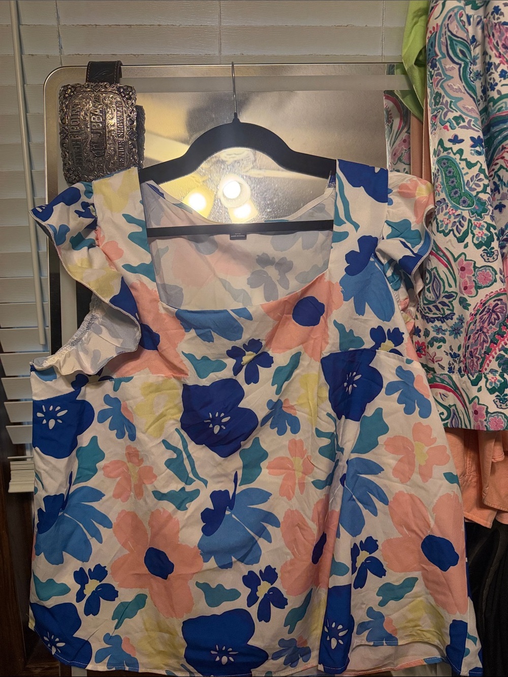 Women’s Floral Ruffle Sleeve Blouse - Blue, Peach & White